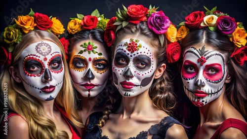 Women adorned with vibrant flowers and intricate sugar skull makeup, celebrating the Day of the Dead tradition with colorful and festive expressions.