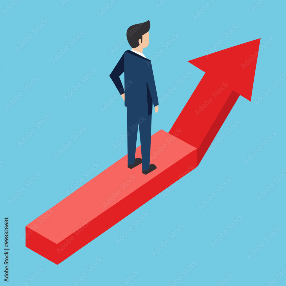 Flat 3d isometric businessman standing on red arrow in leader position Flat 3d isometric businessman standing on red arrow in leader position