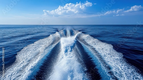 A speedboat cutting through the sea, creating a large wake behind it, with the open ocean stretching out to the horizon.