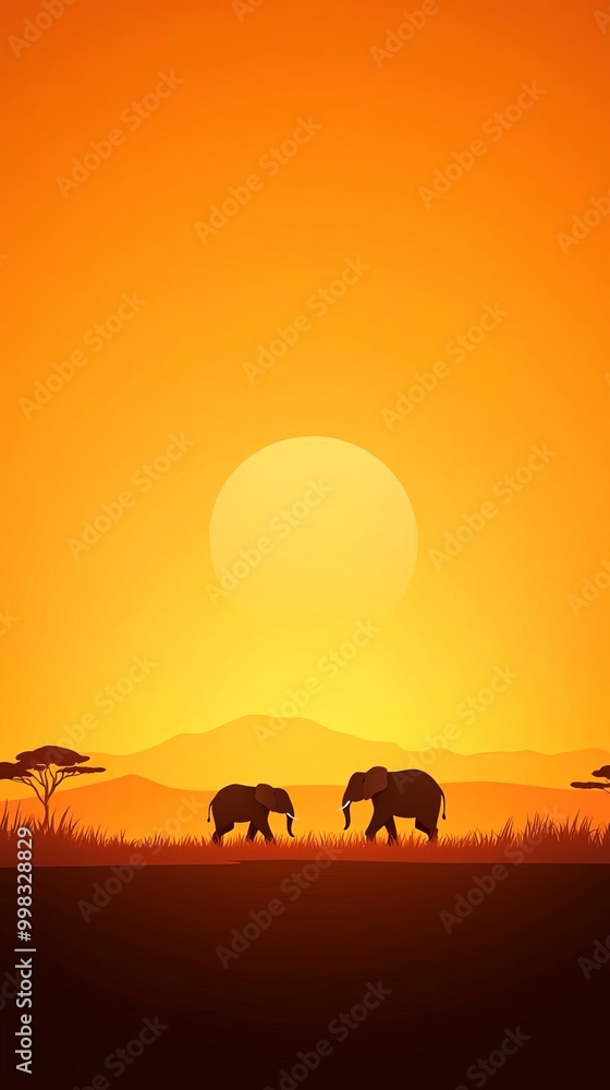 Elephants walking across the savannah flat design, side view, safari theme, animation, Complementary Color Scheme Elephants walking across the savannah flat design, side view, safari theme, animation, Complementary Color Scheme