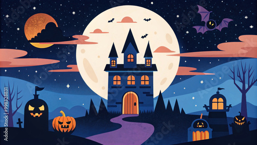 Spooky Halloween night scene featuring a haunted castle, bats, pumpkins, and a bright moon, evoking a festive, eerie atmosphere.