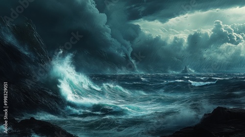 A stormy sea with dark, towering waves crashing against the rocky coastline, under ominous clouds in the distance.