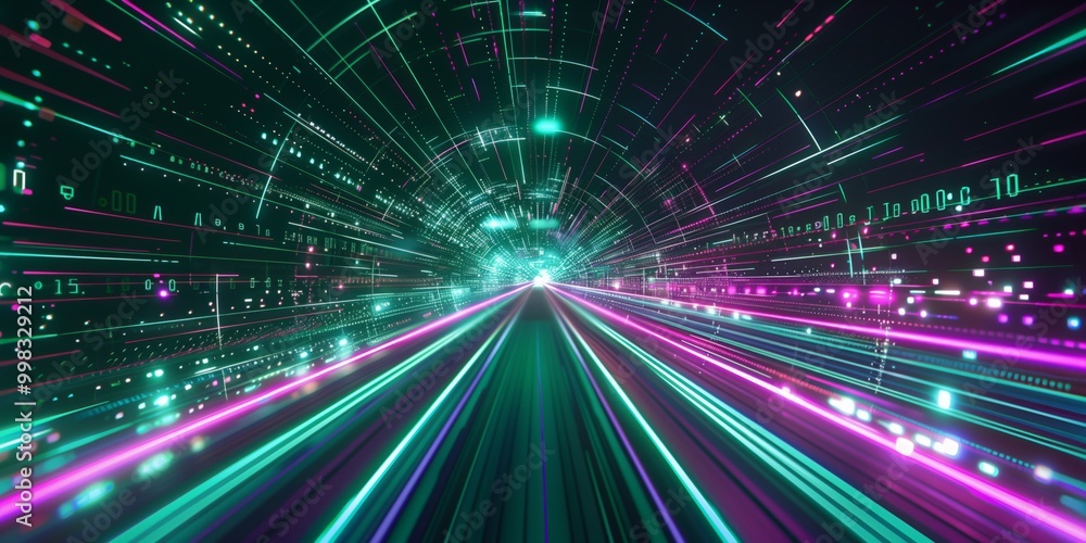 Vibrant digital tunnel with colorful light trails and data patterns moving rapidly in a futuristic setting Vibrant digital tunnel with colorful light trails and data patterns moving rapidly in a futuristic setting