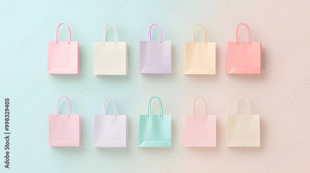 Minimal pastel shopping bag set of icons with a simple handle and soft pastel tones isolated on a plain background Minimal pastel shopping bag set of icons with a simple handle and soft pastel tones isolated on a plain background