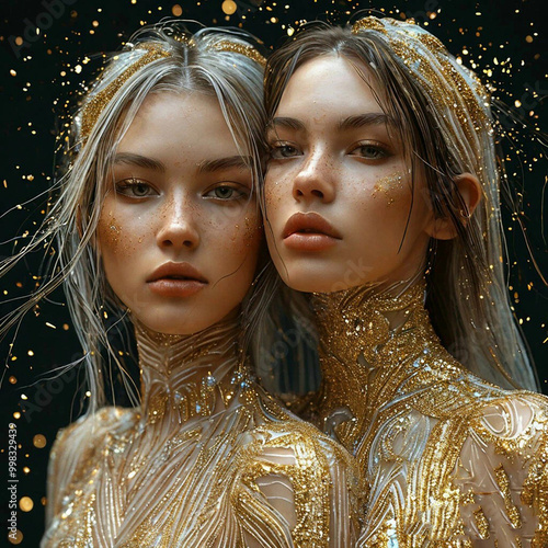 Two young beautiful women and astrological symbol of the horoscope Gemini