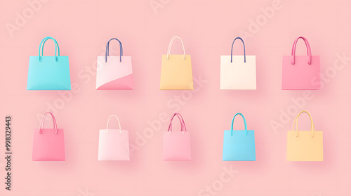 Minimal pastel shopping bag set of icons with a simple handle and soft pastel tones isolated on a plain background