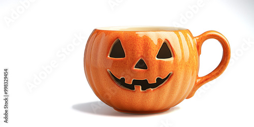 A porcelain mug in the shape of a halloween pumpkin on a white background, an empty space for text. photo