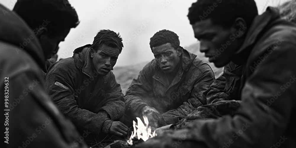 Unsung Heroes of Resistance: A group of resistance fighters, huddled around a makeshift campfire, their weary eyes fixed on the horizon. Unsung Heroes of Resistance: A group of resistance fighters, huddled around a makeshift campfire, their weary eyes fixed on the horizon.