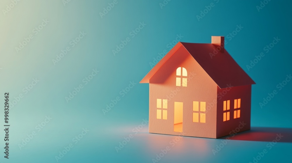 Paper cutout house on a simple blue background, warm light casting shadows, perfect for real estate Paper cutout house on a simple blue background, warm light casting shadows, perfect for real estate