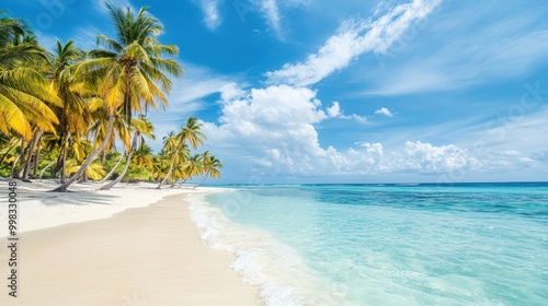 A tropical beach with crystal-clear turquoise sea, white sand, and palm trees swaying in the breeze under a bright blue sky.