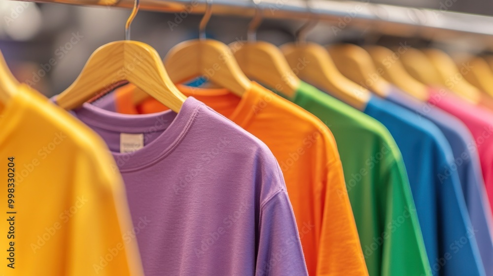 Fototapeta premium Colorful T-shirts Hanging on Wooden Hangers