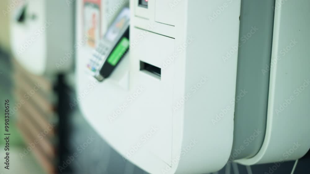 Lady's hand retrieving receipt from white ATM machine after making a transaction, wearing wrist chain, other ATM machines are slightly visible in background, while standing in a well-lit space Lady's hand retrieving receipt from white ATM machine after making a transaction, wearing wrist chain, other ATM machines are slightly visible in background, while standing in a well-lit space