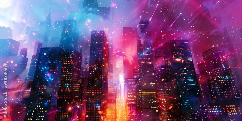 Vibrant city skyline illuminated by colorful lights at night showcasing modern architecture and a lively urban atmosphere Vibrant city skyline illuminated by colorful lights at night showcasing modern architecture and a lively urban atmosphere