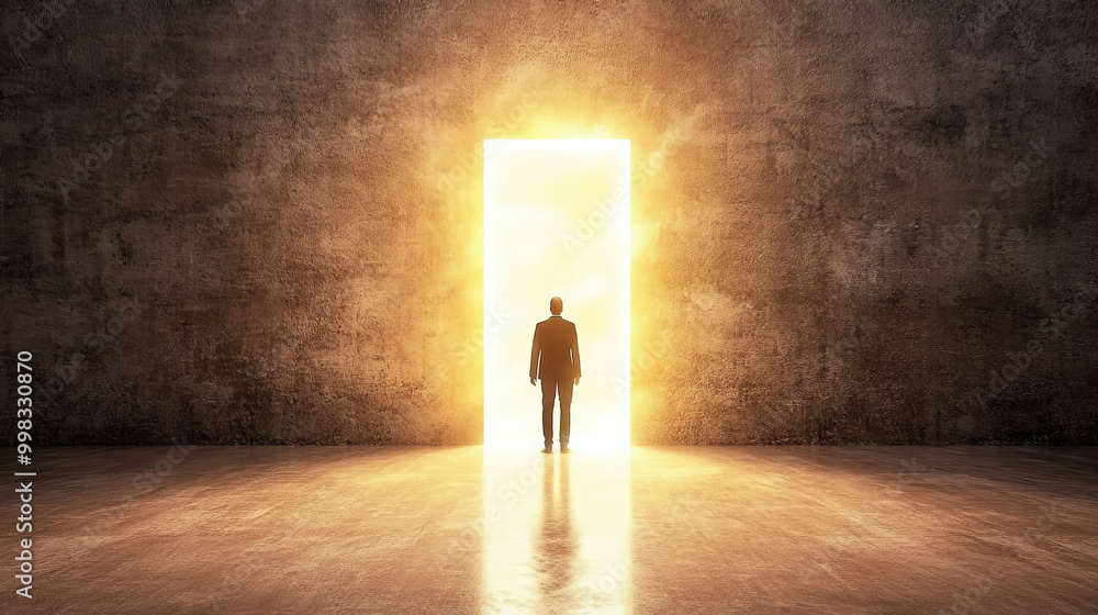 A person stepping through doorway into bright light symbolizes new beginnings and opportunities. contrast between darkness and light evokes sense of hope and transformation A person stepping through doorway into bright light symbolizes new beginnings and opportunities. contrast between darkness and light evokes sense of hope and transformation
