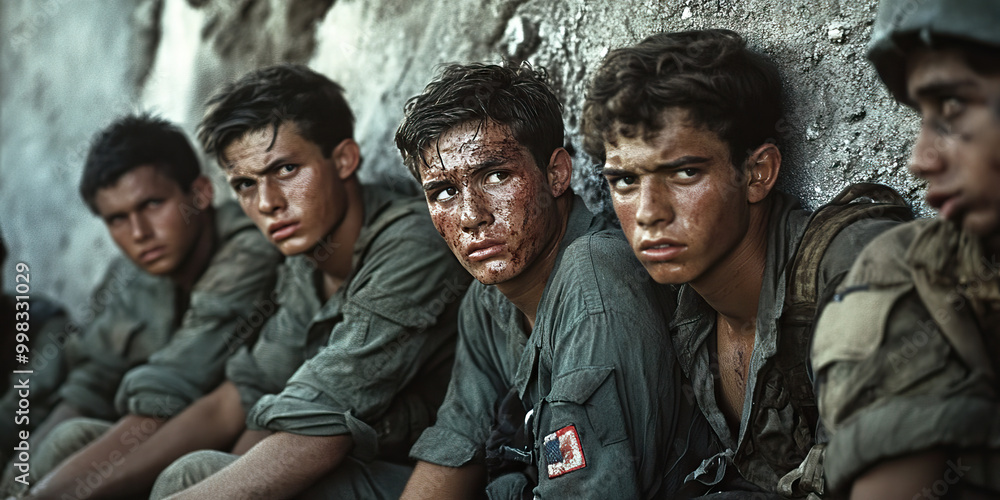 The Broken Hearts of Combatants: A group of soldiers, their faces etched with pain and exhaustion, lean against a crumbling wall. The Broken Hearts of Combatants: A group of soldiers, their faces etched with pain and exhaustion, lean against a crumbling wall.