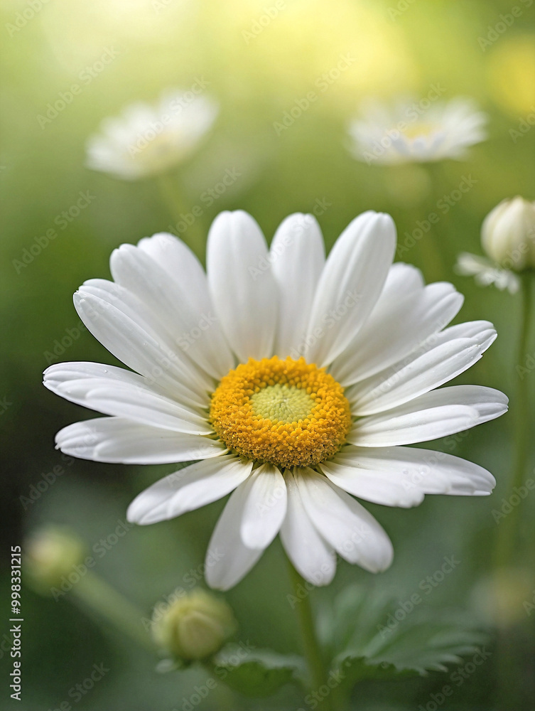 Obraz premium White Daisy with a Golden Center Against Soft Green Bokeh