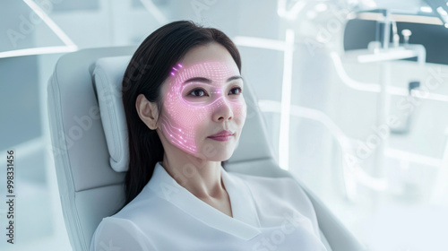 Woman relaxing with futuristic led face mask in modern salon setting. Innovation in cosmetic skincare