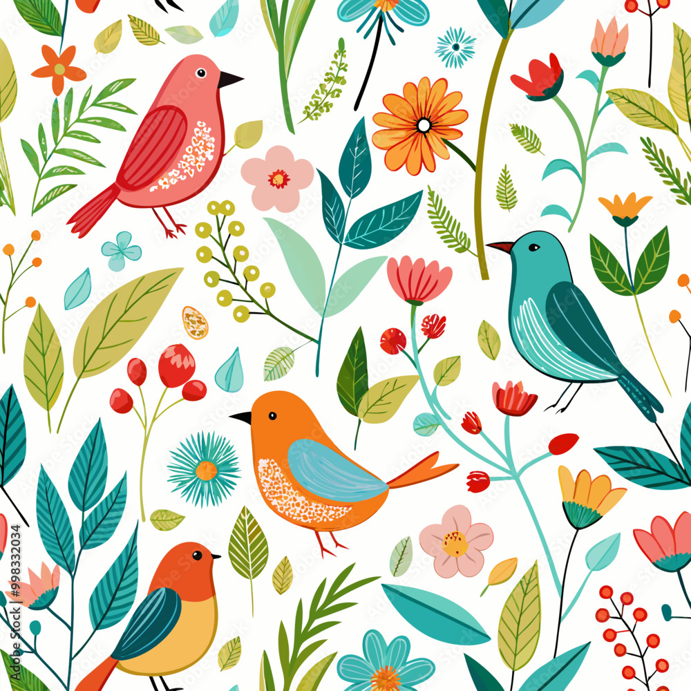 Aesthetic Birds and Floral Whimsy Vector Pattern – Bright, Cheerful Nature Illustration Aesthetic Birds and Floral Whimsy Vector Pattern – Bright, Cheerful Nature Illustration