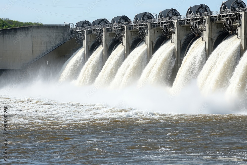 Aerial view of a stunning dam and its gates in full flow, where multiple streams converge into a large, calm river, surrounded by lush greenery. An empty bridge spans across the river Aerial view of a stunning dam and its gates in full flow, where multiple streams converge into a large, calm river, surrounded by lush greenery. An empty bridge spans across the river