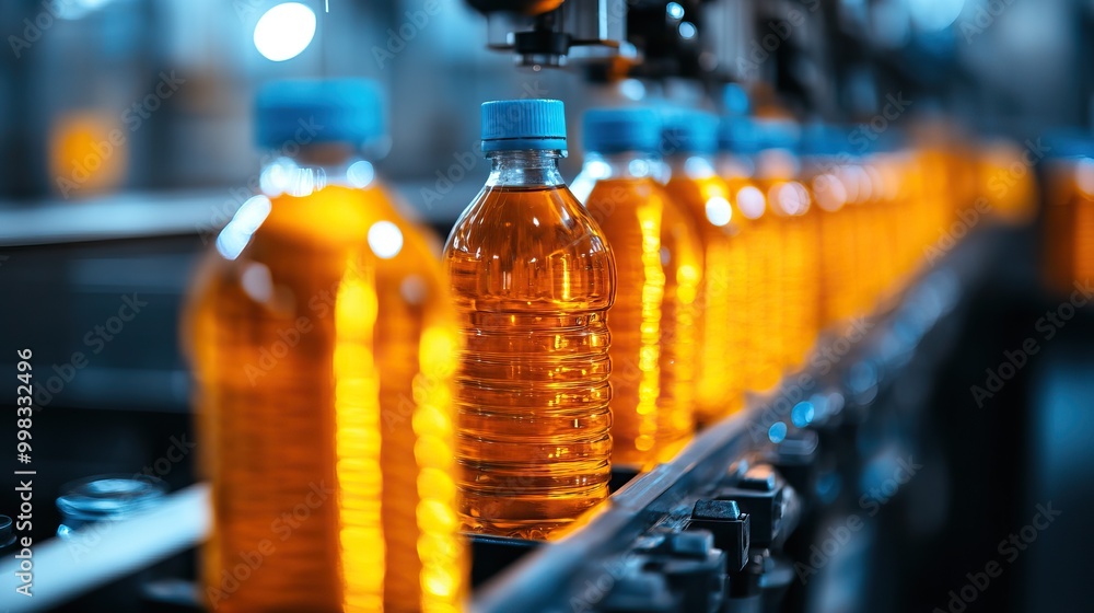 Bottled beverage production line with orange liquid in clear plastic bottles, showcasing modern manufacturing processes and efficiency. Bottled beverage production line with orange liquid in clear plastic bottles, showcasing modern manufacturing processes and efficiency.