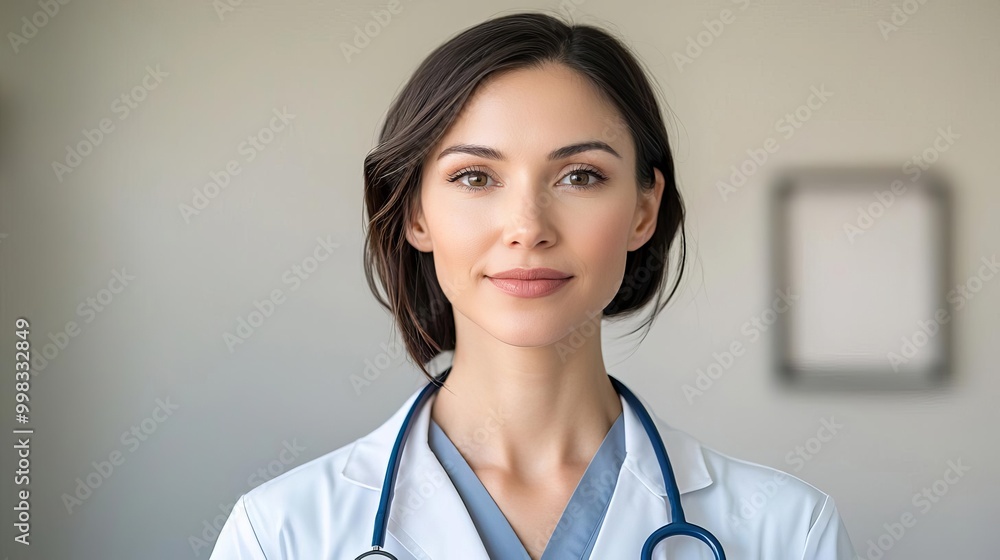 Confident female doctor with stethoscope, smiling in a medical office setting. Confident female doctor with stethoscope, smiling in a medical office setting.