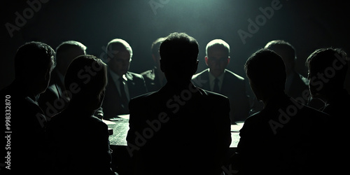 The Hidden Agenda: A group of powerful figures meeting in secret, huddled around a dark table, their faces concealed by shadows.