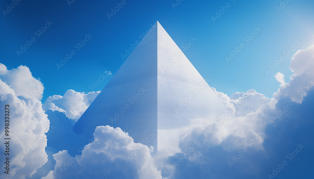 A white pyramid towers above the clouds against a blue sky. A white pyramid towers above the clouds against a blue sky.