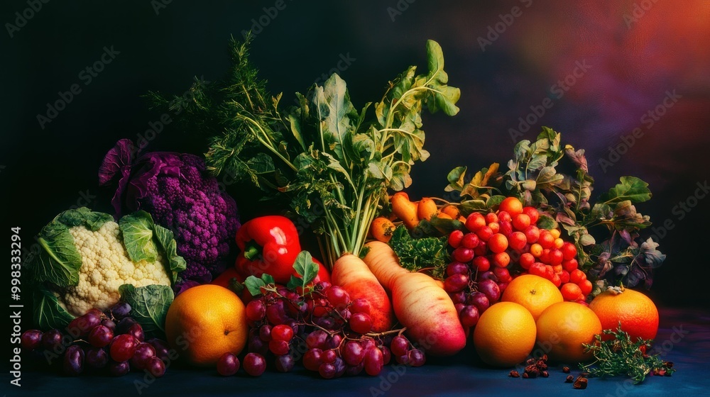 Still Life with Fruit, Vegetables, and Herbs on a Dark Background Still Life with Fruit, Vegetables, and Herbs on a Dark Background