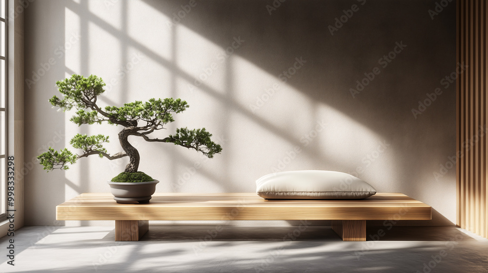 Zen-inspired minimalist space with a focus on balance and simplicity: a low wooden bench, a single cushion, and a small bonsai tree on a wooden stand Zen-inspired minimalist space with a focus on balance and simplicity: a low wooden bench, a single cushion, and a small bonsai tree on a wooden stand
