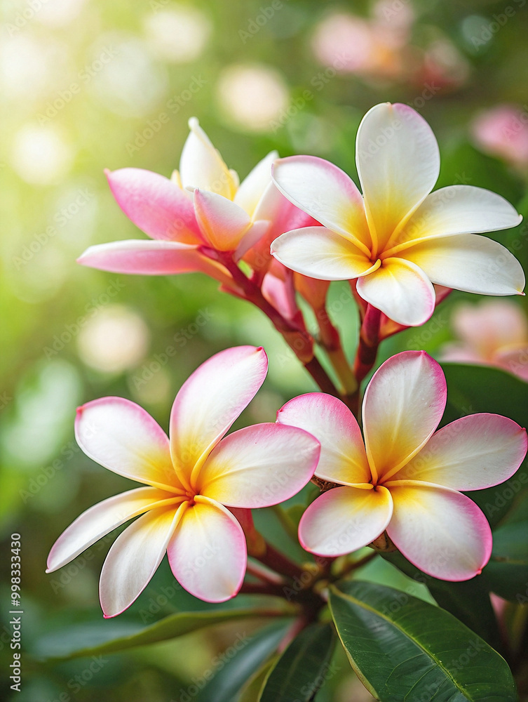 Obraz premium Pink and White Plumeria Against a Soft Green Bokeh