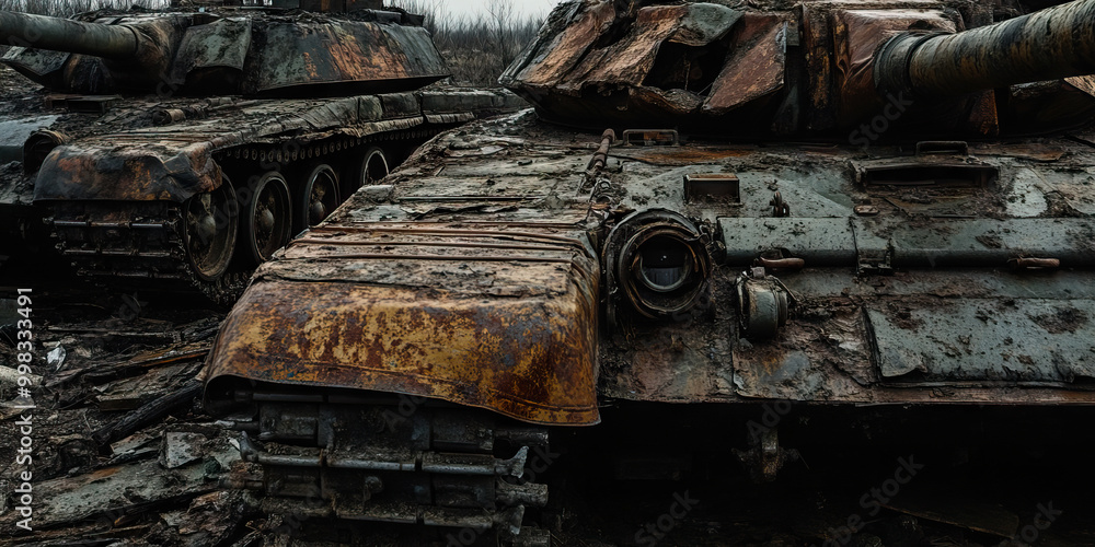 The Scars of Battle: A war-torn landscape, littered with the remnants of warfare, including crumpled tanks and abandoned weapons. The Scars of Battle: A war-torn landscape, littered with the remnants of warfare, including crumpled tanks and abandoned weapons.