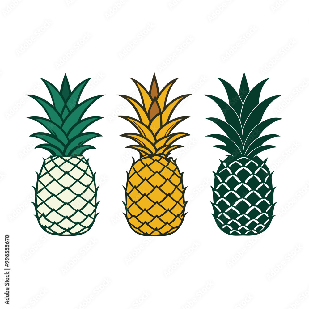 Fototapeta premium three Pineapple vector illustration, outline, silhouette, isolated on white background 