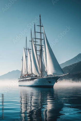 Sailing Ship with White Sails Reflecting on Calm Sea 