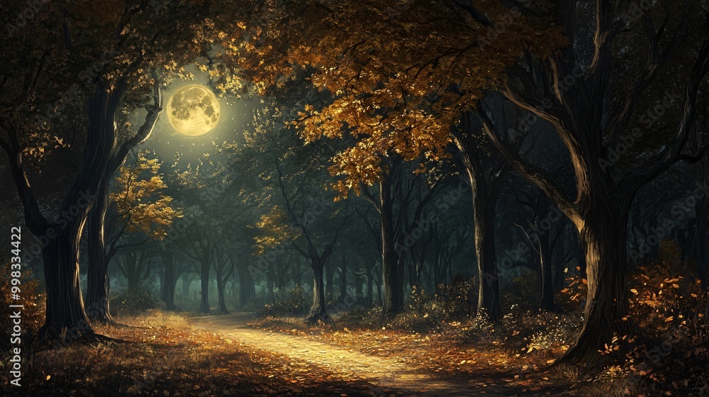 Fototapeta premium A pathway through a mystical forest bathed in the soft glow of a full moon.