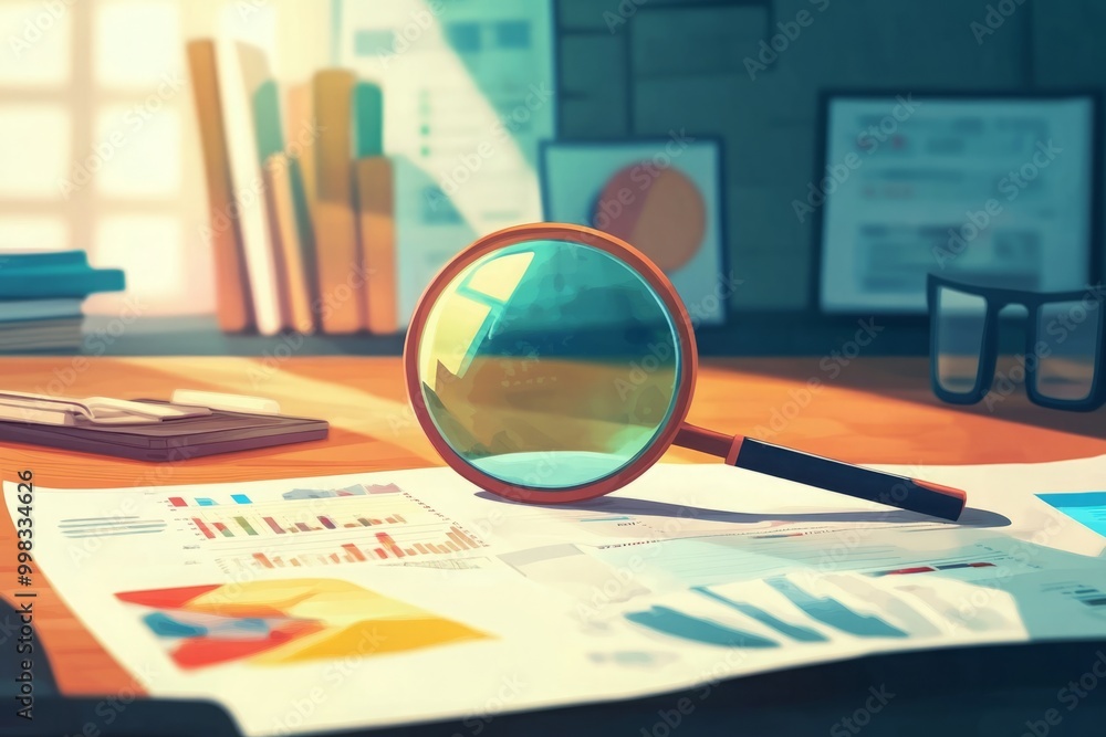 Cartoon illustration of a magnifying glass overlaid on paper background, analyzing data as part of a financial concept. This image emphasizes the importance of scrutiny and financial analysis Cartoon illustration of a magnifying glass overlaid on paper background, analyzing data as part of a financial concept. This image emphasizes the importance of scrutiny and financial analysis