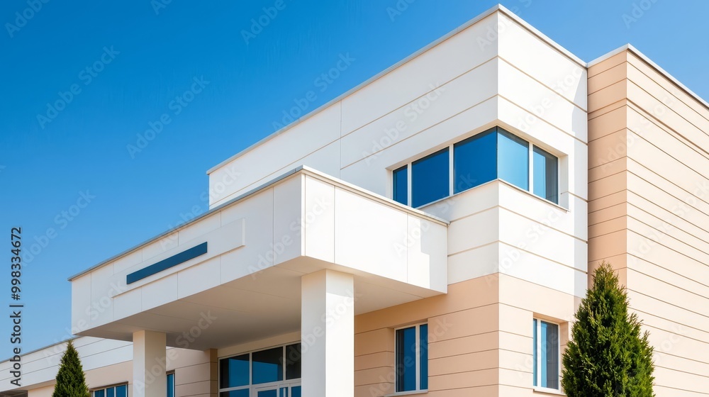 Modern architectural building with large windows and clean lines against a blue sky. Modern architectural building with large windows and clean lines against a blue sky.