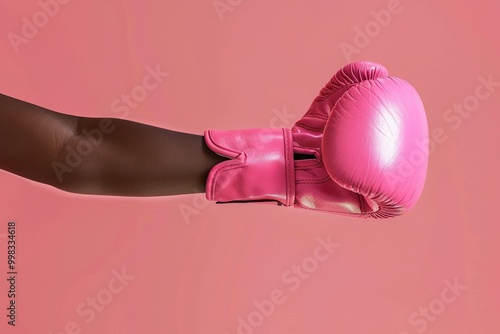 Horizontal arm with boxing glove in solidarity against breast cancer. Generative AI
