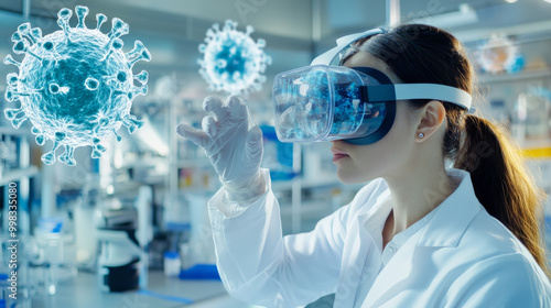 A scientist wearing VR goggles interacts with 3D models of viruses in lab, showcasing advanced technology in research. scene highlights innovation and exploration in science