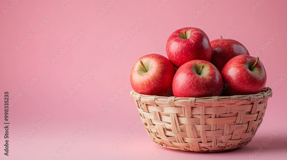 Fresh Red Apples in a Woven Basket Against a Pink Background Fresh Red Apples in a Woven Basket Against a Pink Background