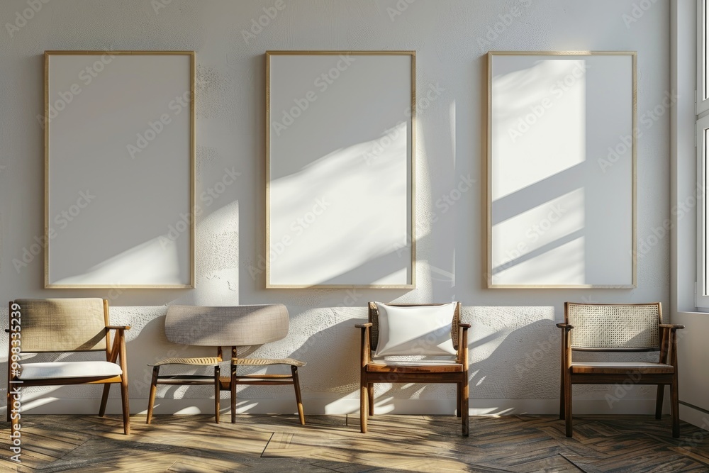 Fototapeta premium Sunlit Rustic Interior with Cozy Chair and Pampas Grass Decor, Empty Frame on Weathered Wall