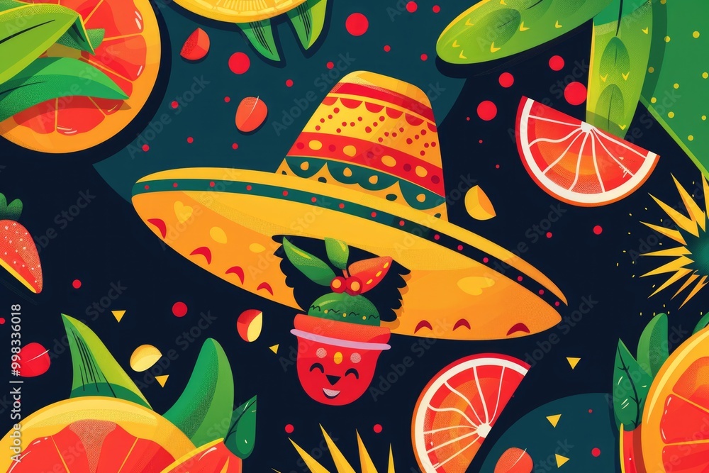 Colorful Mexican Fiesta Background with Fruit, Sombrero, and Festive Elements Colorful Mexican Fiesta Background with Fruit, Sombrero, and Festive Elements