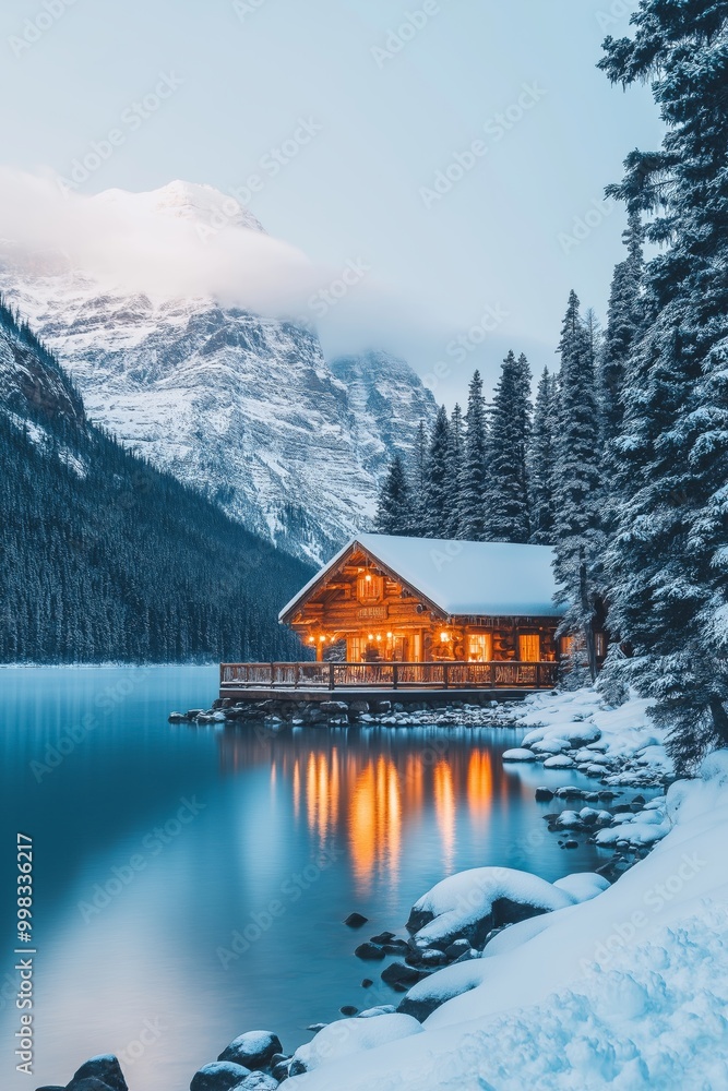 Obraz premium A cabin is surrounded by snow and trees, with a lake in the background. The cabin is lit up, creating a warm and cozy atmosphere. Concept of peace and tranquility