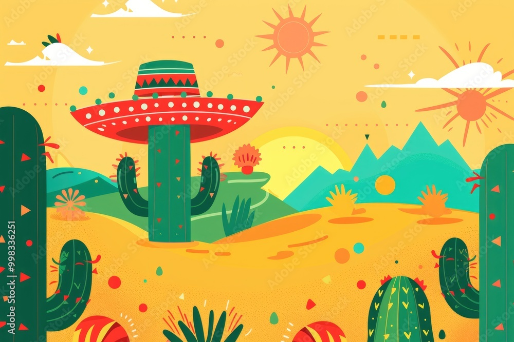 Colorful Abstract Desert Landscape with Cacti and Suns Colorful Abstract Desert Landscape with Cacti and Suns