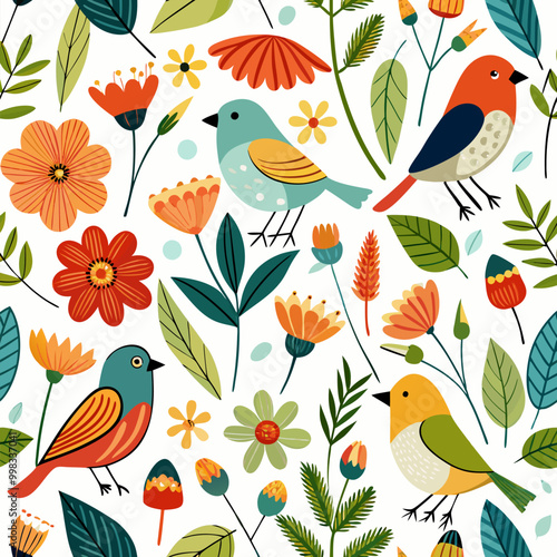 Wallpaper Mural Aesthetic Birds and Floral Whimsy Vector Pattern – Bright, Cheerful Nature Illustration Torontodigital.ca
