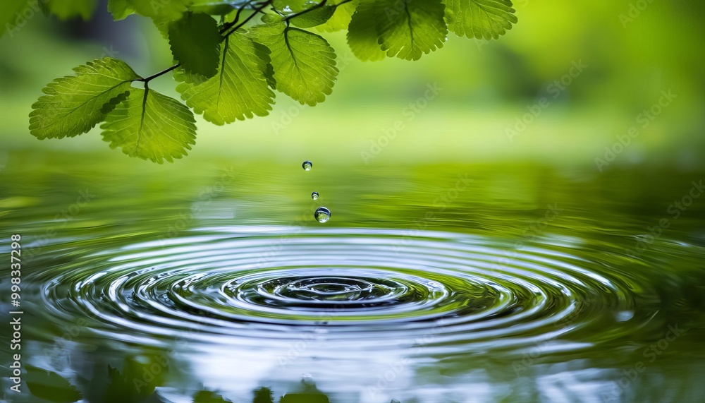 Raindrop creating ripples in a serene pond surrounded by vibrant green leaves. Raindrop creating ripples in a serene pond surrounded by vibrant green leaves.