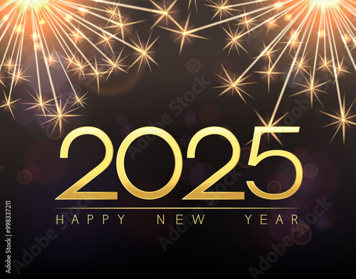 Festive background with sparklers and inscription Happy New Year 2025.