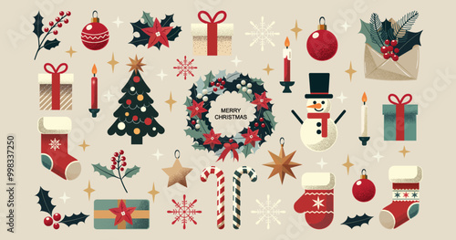 Christmas-themed vector illustration with a grain effect on shadows, featuring festive elements such as a wreath, snowman, Christmas tree, gifts, and decorations in a minimalistic flat style