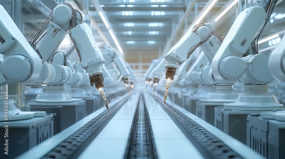 Automated machine producing components in a modern factory, robots working in sync Automated machine producing components in a modern factory, robots working in sync