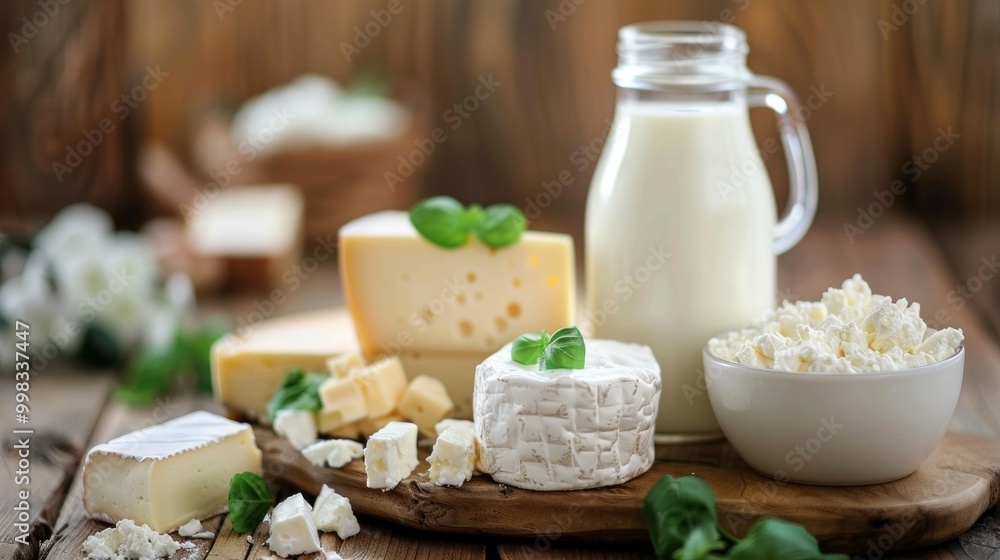 A wooden table with a variety of dairy products, including milk, cheese A wooden table with a variety of dairy products, including milk, cheese