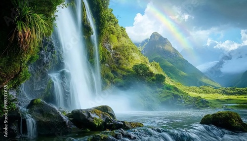 Stunning waterfall cascading into serene pool with lush greenery and vibrant rainbow.